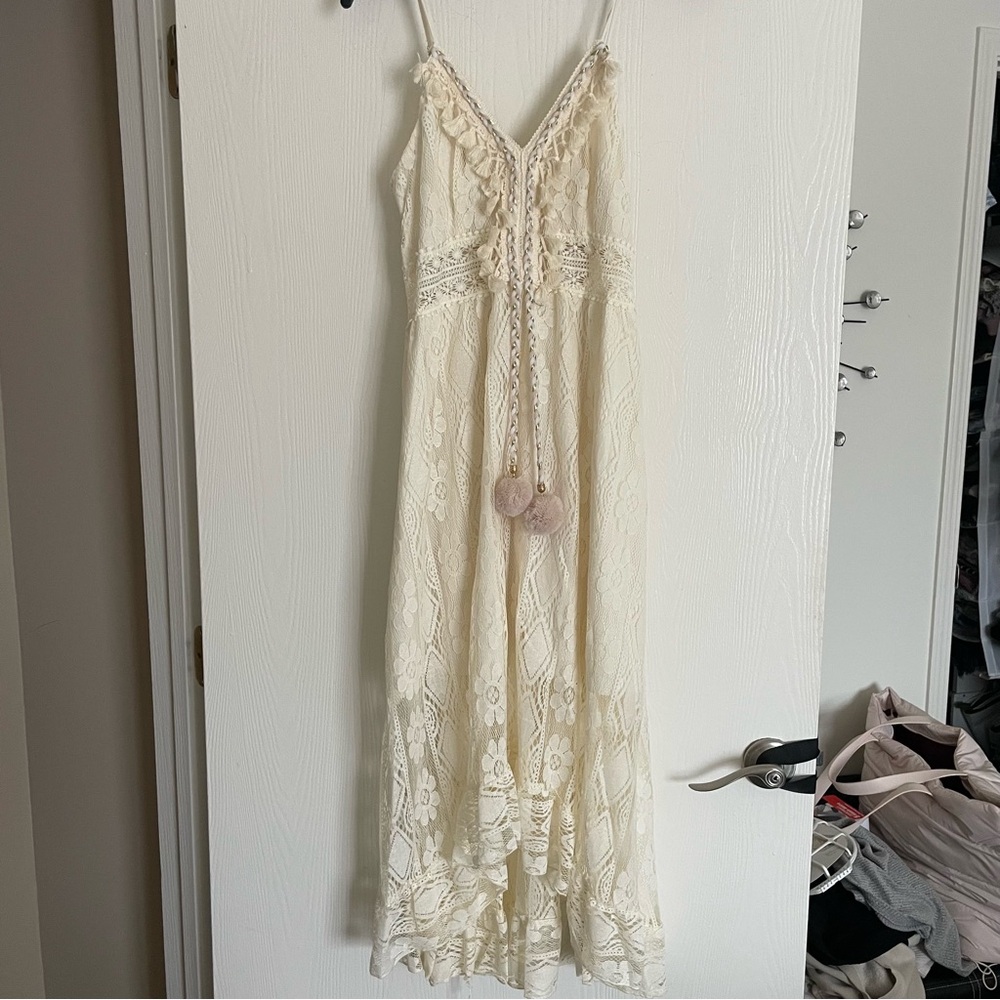 Beige Lace Maxi Dress with Tassel Tie - Picture 7 of 8